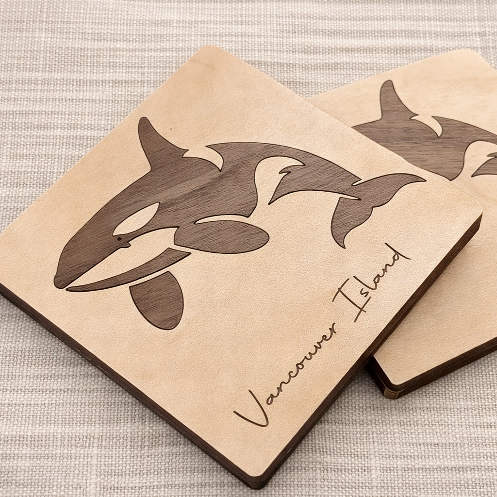 Orca Wood Inlay Coaster - Whale Souvenir Custom Name Drop