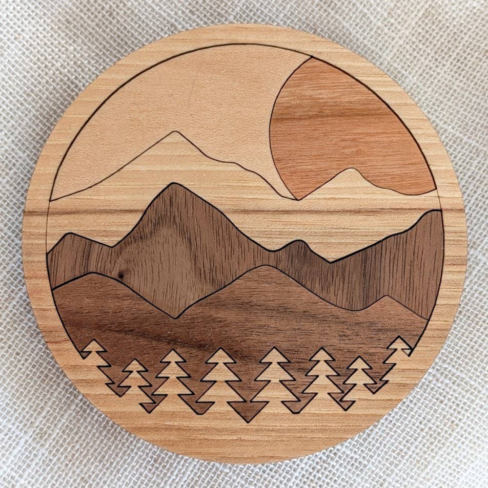 Mountain Landscape Wood Inlay Coaster - Made in Canada