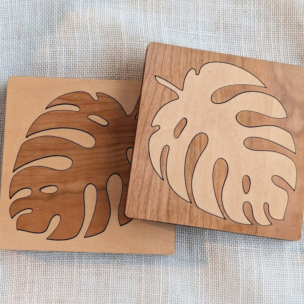 Monstera Plant Inlay Wood Coaster - Tropical Leaf