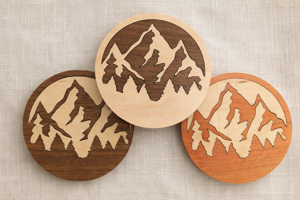 Mountain Inlay Wood Coasters - Souvenir Name Drop (Custom)